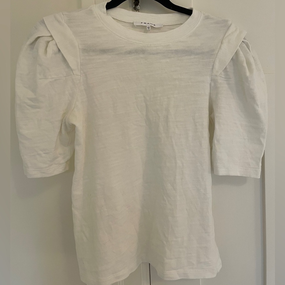 Frame Pleated Panel Ruffle Shoulder White Tee T Shirt | XS